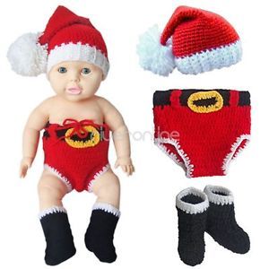 3pcs Sets Newborn Baby Christmas Santa Claus Outfit Crochet Knit Costume Photo