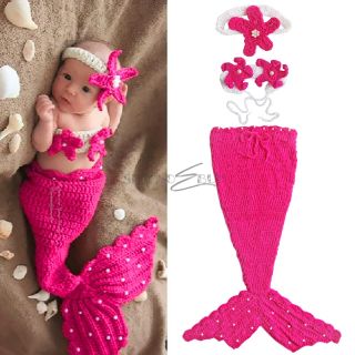 Infant Baby Mermaid Crochet Knit Costume Outfit Headband Top Tail Sz 0 12 Months