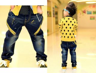 Boy Cool Kid Denim Pants Whitewashed Splicing Zip Elastic Straight Jeans Sz 2 7Y