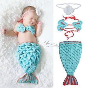3pcs The Little Mermaid Ariel Baby Girl Newborn Knit Crochet Photo Prop Costume