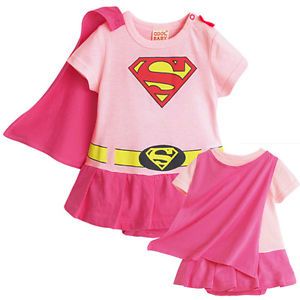 Girl Baby Superman Costume Short Sleeve Dress Romper Outfit Detachable Cape Pink