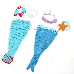 3pcs Baby Girl Infant Newborn Knit Crochet Mermaid Clothes Photo Prop Outfit