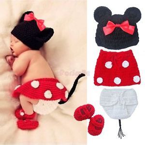 3pcs Newborn Baby Girls Knit Crochet Minnie Mouse Cute Costume Outfits Sz 0 12M