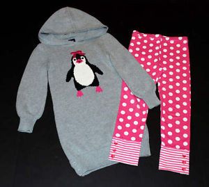 Baby Gap Northern Brights Penguin Sweater Dress Pink Polka Dot Legging Set 4T 5T