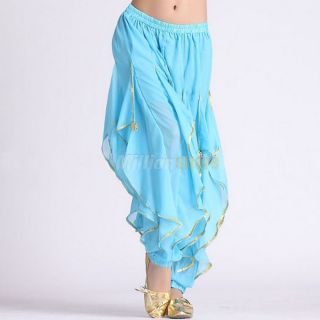 Belly Dance Costume Chiffon Pants Bloomers Gold Wave Sequins Lake Blue US Seller