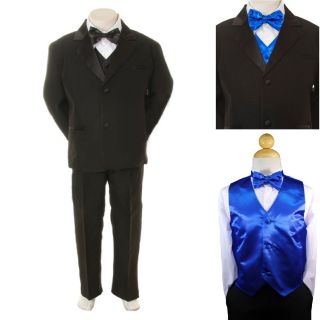 New Boy Kid Formal Wedding Party Black Suit Tuxedo Plus Royal Blue Vest Tie 5 7