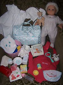 American Girl Bitty Baby 36 PC Lot Doll Diaper Bag Clothes Bear Carrier Dishes