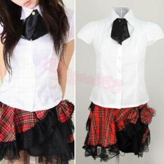 Sexy School Girl Uniform Cosplay Costume Shirt Mini Skirt G String Lingerie Set