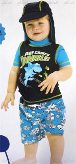 Baby Boys 3 Piece Swim Set Board Shorts Hat Short Sleeve Rash Vest Rashie 0