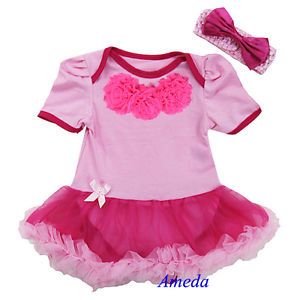 Baby Hot Light Pink Rosettes Jumpsuit Pettiskirt Bodysuit Tutu Party Dress 0 18M