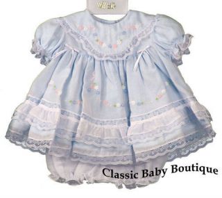 Will'Beth Blue Heirloom Lace 2pc Dress Preemie Bloomers Baby Girls Boutique
