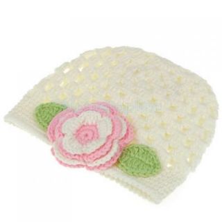 Beige Crochet Kids Girls Flower Beanie Hat Cap Handmade 70 Wool for 0 2 Yrs