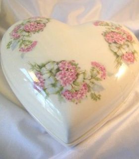 Ceramic Heart Shaped Treasure Jewelry Trinket Box Pink White Flowers