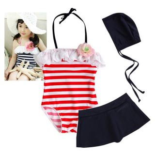 Girls Kids Size 6 8 10 Navy Stripe Tankini Swimsuit Bathers Swimming Costume