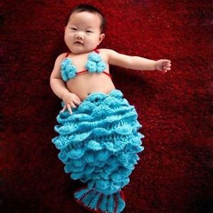 Vogue Baby Girls Boy Newborn 9M Knit Crochet Mermaid Clothes Photo Outfits Blue