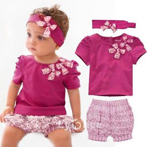 Toddler Baby Infant Clothes Girl Kids Bow Top Pant Headband 3pcs Outfit Set 0 3Y