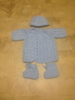 Handmade Crochet Knit Baby Boy Sweater Set Newborn Hat Booties Blue