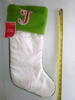 Holiday Stocking Letter Initial J Xmas White Green Red 20" L