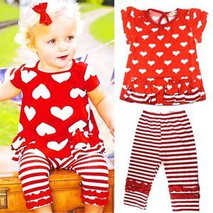 Baby Toddler Girls Red Heart Striped 2 Pcs Top Pants Valentine's Day Outfit