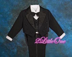 5 Pcs Set Black Formal Tuxedo Suit w Tail Wedding Party Toddler Size 4 011A
