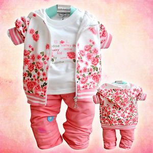 3pcs Set Lovely Pink Flower Baby Girls Set Hoody Blouse Pants Girls Clothes 6 18