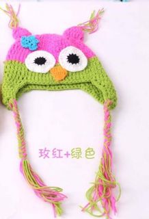 Green Pink Wool Crochet 3D Owl Earflap Cap Hat for Children Baby Kids Girl CA64