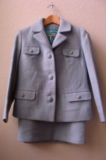 Vtg 50s 60s Baby Blue Tweed Mini Skirt Blazer Mod Jacket Suit Mad Men Retro s M