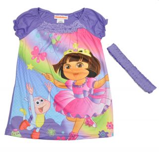 Dora The Explorer Toddler Girls Purple Night Gown w Hair Band Size 2T 3T 4T