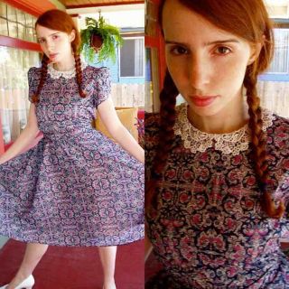 Vintage Baby Doll Lolita Floral Dress Crochet Lace Collar Cap Puff Sleeve s M