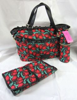 Betsey Johnson Red Cherry Boom Baby Diaper Bag Tote w Changing Pad $128