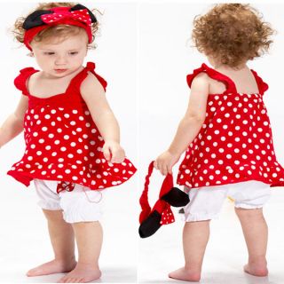 New Baby Polka Dot Top Bloomers Pants Headband Size 0 24M Outfit 3pcs Sets BA010