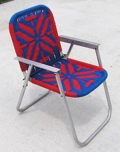 Vintage Red Blue Macrame Folding Aluminum Lawn Chair Geometric Hand Made