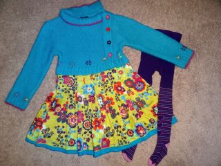 Catimini Blue Long Sleeve Floral Sweater Wool Blend Dress 3T 94 Old Navy Tights