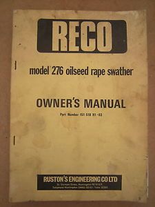 Original Reco 276 Oilseed Rape Swather Owners Operators Parts Manual Book