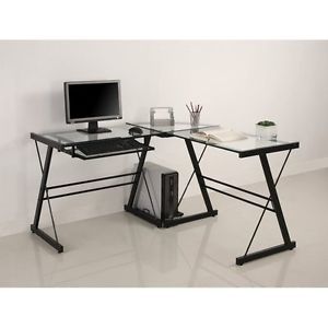 Modern Black Metal L Shaped Corner Computer Desk with Glass Top
