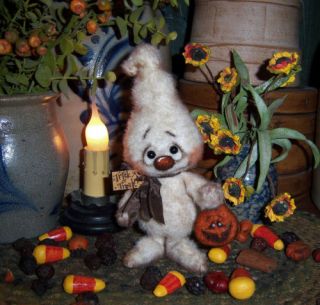 Primitive Halloween Pumpkin Treat Bag Ghost Bear 6" Doll ★ Vtg Patti's Ratties