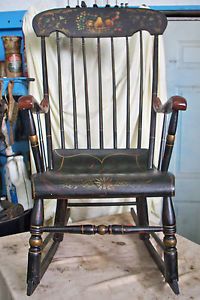 Vintage Hitchcock Style Black Paint Decorated Rocker Rocking Chair 43" Tall