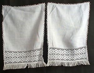 2 Vintage White Cotton Seat Chair Back Covers Crochet Lace Trim Fringing