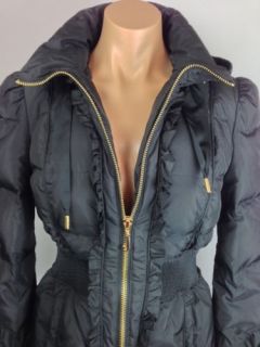 Juicy Couture Black Hooded Down Jacket $378 Sz s Zip Front Fitted Quilted