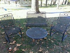 4 Piece Vintage Rustic Wrought Iron Patio Set Chairs Coffee Table Bench