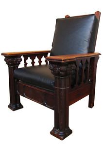 Good Antique Carved Oak Morris Chair with Slats Faces Mission Era W1518
