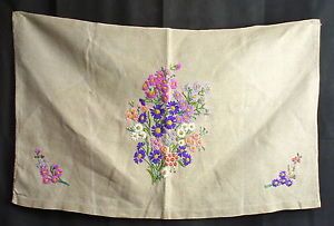 Vintage Hand Embroidered Flowers Floral Sofa Chair Cover Back Beige Linen