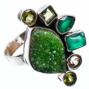 Green Quartz Druzy Green Onyx Peridot 925 Sterling Silver Ring Size 9 Jewelry