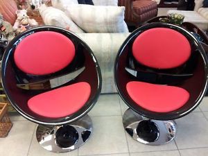 2 Brand New Egg Shape Retro Chrome Black and Red Swivel Chairs Retail Over $1300