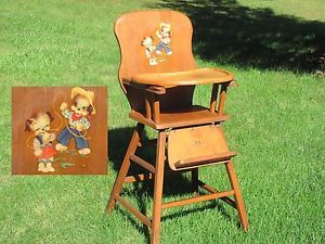 Vintage Wooden High Chair Will SHIP Full Size Highchair Dogs Puppies Decal Wood