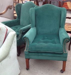 Pair Christmas Green Velvet Wing Chairs on Casters 