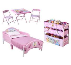 Disney Princess 3 PC Set Toddler Bed Multi Bin Toy Organizer Table Chairs