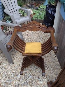 Antique Savonarola Chess Table and Chairs 1700s Lions Head Carved Wood