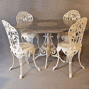 Cast Iron Marble Table Four 4 Chairs Vintage Garden Conservatory Furniture Set