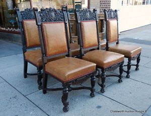 Set 6 Antique Carved English Oak Jacobean Style Dining Room Side Chairs C1910